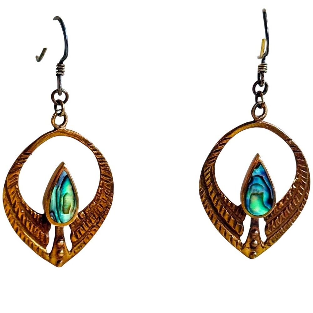 Chunky 70s abalone Earrings brass Pierced dangle Sculptural BOHO sterling hooks